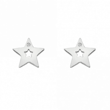 Sterling Silver Open Star Diamond Set Stud Earrings DE587