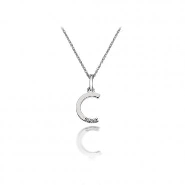 Sterling Silver Rhodium Plated Diamond Set Letter C Pendant & Chain