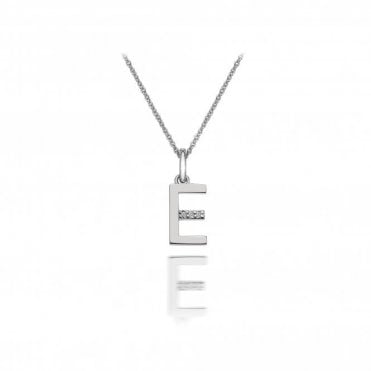 Sterling Silver Rhodium Plated Diamond Set Letter E Pendant & Chain