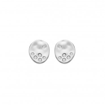 Sterling Silver Small Oval Hammered Diamond Set Stud Earrings DE825