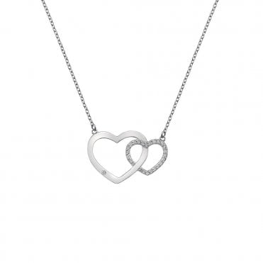 Sterling Silver White Topaz & Diamond Set Interlocking Diamond Heart Pendant & Chain DN128