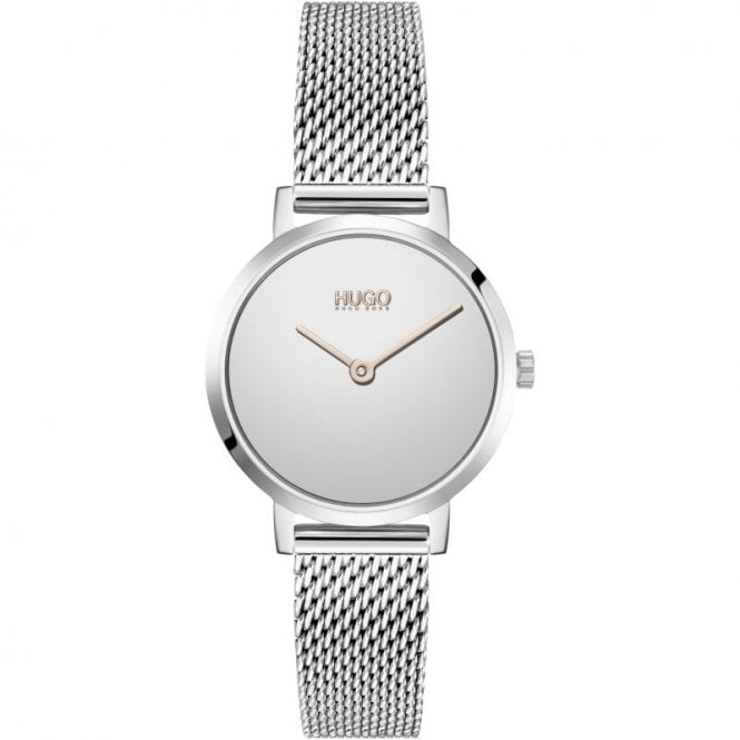 Hugo Ladies #CHERISH Round Silver Mirror Dial Stainless Steel Mesh Bracelet Watch 1540084