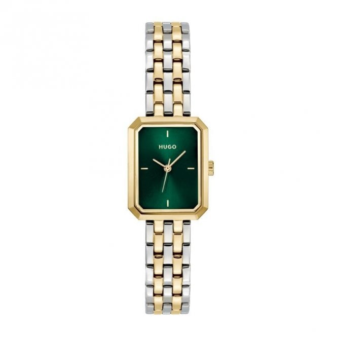Hugo Ladies #COSY Rectangle Green Dial 2 Colour Bracelet Watch 1540180