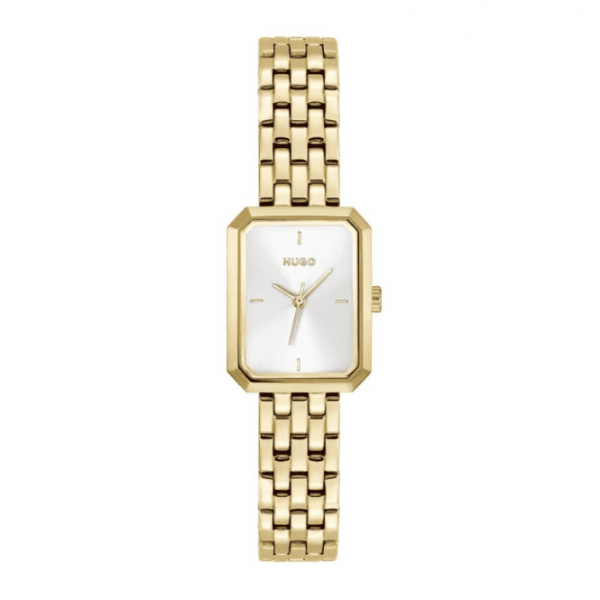 Hugo Ladies #COSY Rectangle White Dial Gold Plated Bracelet Watch 1540179
