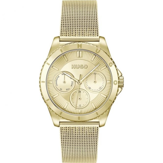 Hugo Ladies #DANCE Round Gold Dial Gold Plated Mesh Bracelet Watch 1540159