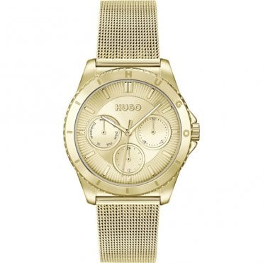 Ladies #DANCE Round Gold Dial Gold Plated Mesh Bracelet Watch 1540159