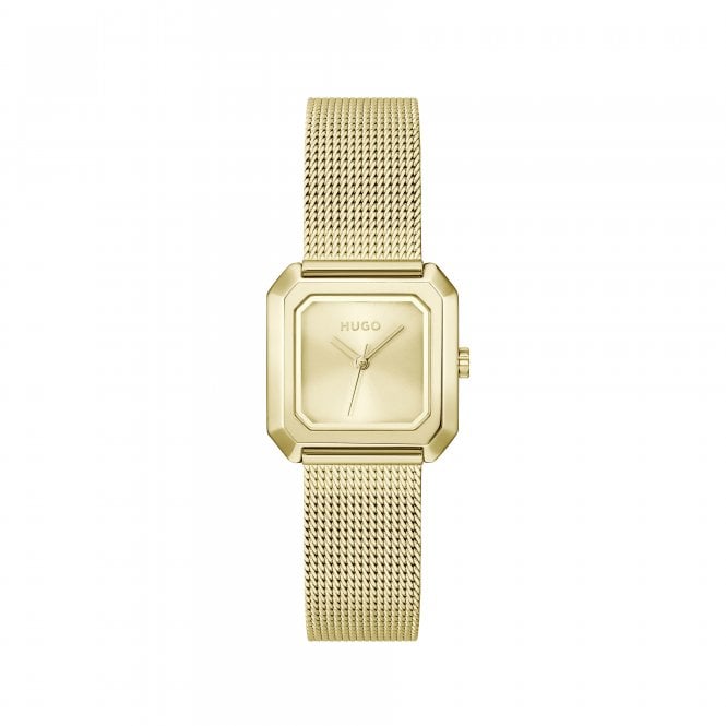 Hugo Ladies #HAZEL Square Gold Dial Gold Plated Mesh Bracelet Watch 1540184