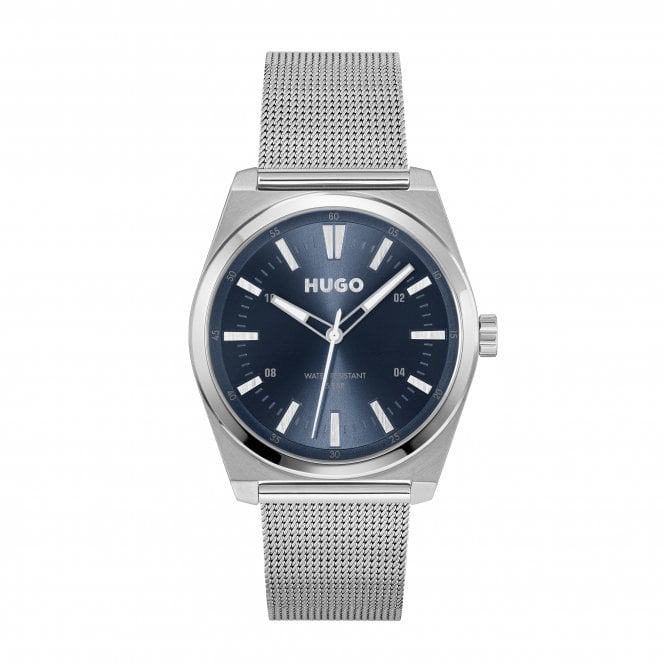 Hugo Mens #ARK Round Blue Dial Stainless Steel Mesh Bracelet Watch 1530439