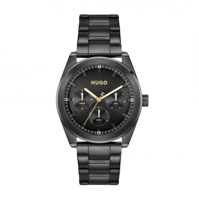 Hugo Mens #BRIGHT Round Black Chronograph Dial Black IP Bracelet Watch 1530426
