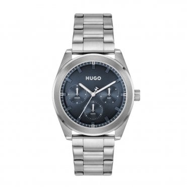Mens #BRIGHT Round Blue Chronograph Dial Stainless Steel Bracelet Watch 1530424