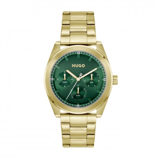 Hugo Mens #BRIGHT Round Green Chronograph Dial Gold Plated Bracelet Watch 1530425