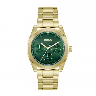 Mens #BRIGHT Round Green Chronograph Dial Gold Plated Bracelet Watch 1530425