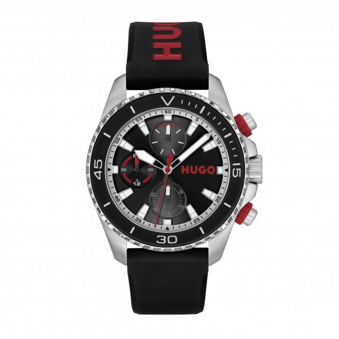 Hugo Mens #DIVE Round Black Chronograph Dial Black Silicon Strap Watch 1530427