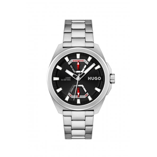 Hugo Mens #Expose Round Black Dial Stainless Steel Bracelet Watch 1530242