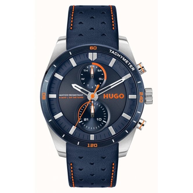 Hugo Mens #FAST Round Blue Chronodial Blue Leather Strap Watch 1530371