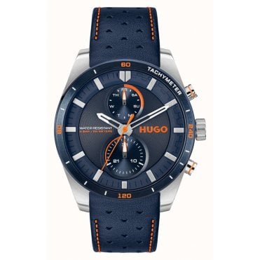 Mens #FAST Round Blue Chronodial Blue Leather Strap Watch 1530371