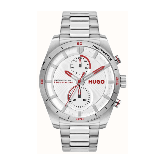Hugo Mens #FAST Round Silver Chronodial Stainless Steel Bracelet Watch 1530373