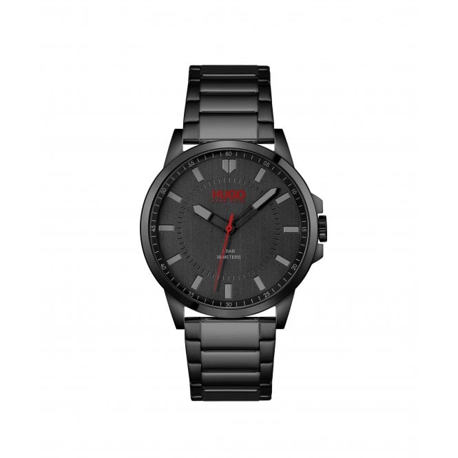 Hugo Mens #FIRST Round Black Dial Black IP Bracelet Watch 1530187.