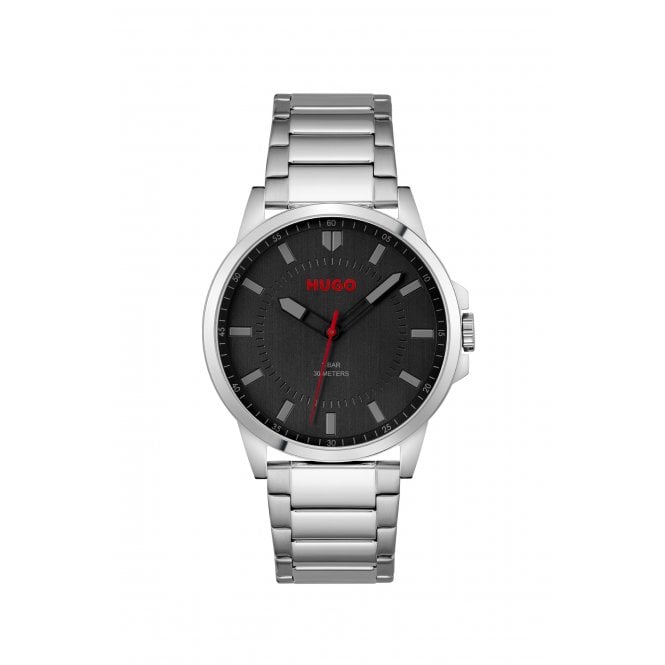 Hugo Mens #FIRST Round Black Dial Stainless Steel Bracelet Watch 1530246