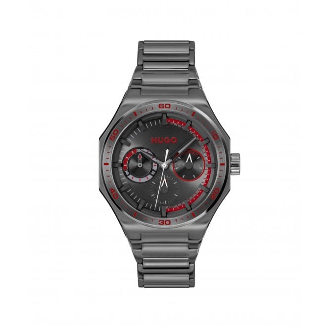 Hugo Mens #GRAIL SPORT Round Black Chronograph Dial Grey IP Bracelet Watch 1530401