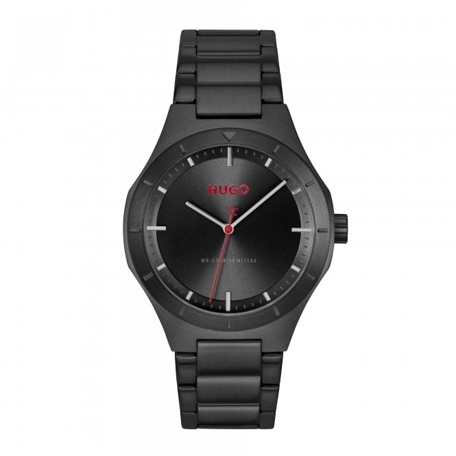 Hugo Mens #LIT Round Black Dial Black IP Bracelet Watch 1530450