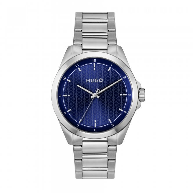 Hugo Mens #SEAM Round Blue Textured Dial Stainless Steel Bracelet Watch 1530451