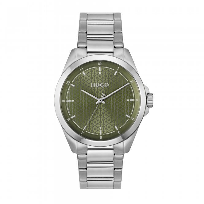 Hugo Mens #SEAM Round Green Textured Dial Stainless Steel Bracelet Watch 1530453