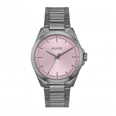 Mens #SEAM Round Pink Textured Dial Grey IP Bracelet Watch 1530454
