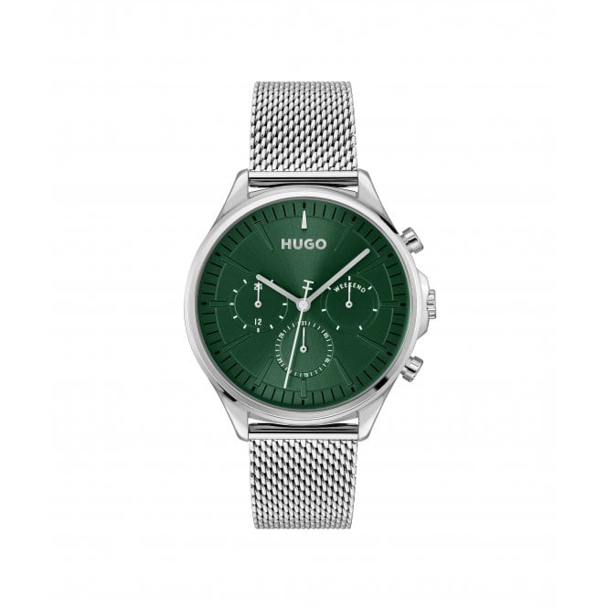 Hugo Mens SMASH MULTI Round Green Chronograph Dial Stainless Steel Mesh Bracelet Watch 1530409