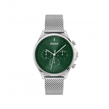 Mens SMASH MULTI Round Green Chronograph Dial Stainless Steel Mesh Bracelet Watch 1530409