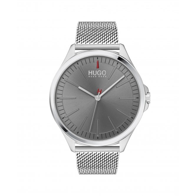 Hugo Mens #SMASH Round Grey Dial Stainless Steel Mesh Bracelet Watch 1530135