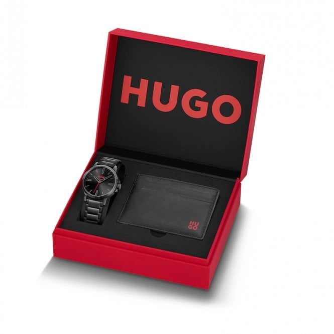 Hugo Mens #SMOOTH Round Black Dial Black IP Bracelet Watch & Leather Cardholder Gift Set 1570196