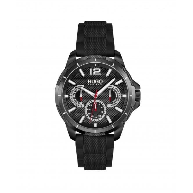 Hugo Mens #SPORT Round Black Multi Dial Black IP Case Black Silicone ...