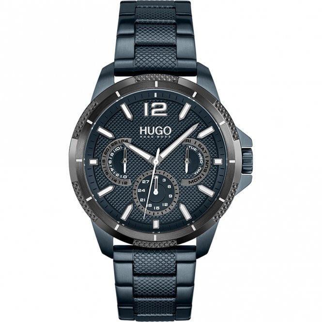 Hugo Mens #SPORT Round Blue Multi Dial Blue IP Bracelet Watch 1530194.
