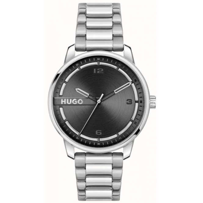 Hugo Mens #STAMP Round Black Dial Stainless Steel Bracelet Watch 1530364