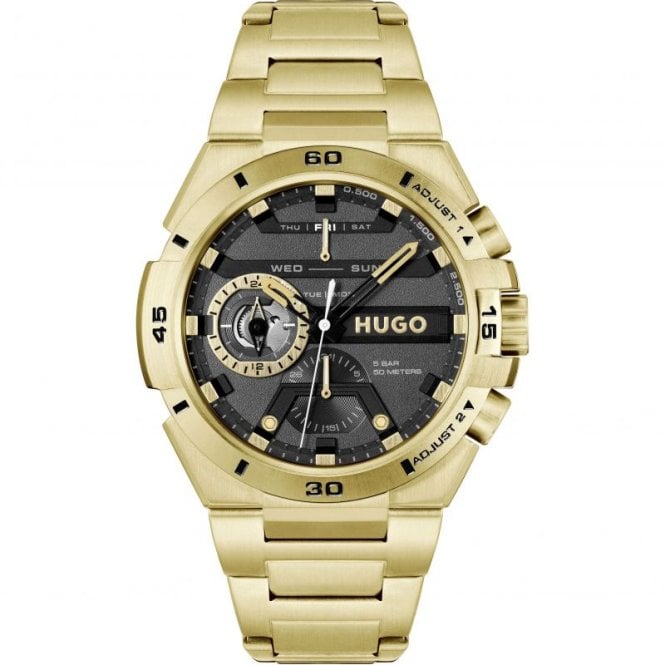 Hugo Mens #WILD Round Black Chronograph Dial Gold Plated Bracelet Watch 1530338