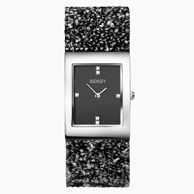 Seksy Ladies Rocks 2573 Rectangular Black Dial Silver Bezel Swarovski Crystals Bracelet Watch