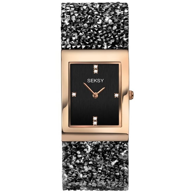 Seksy Ladies Rocks 2581 Rectangular Black Dial Rose Bezel Swarovski Crystals Bracelet Watch
