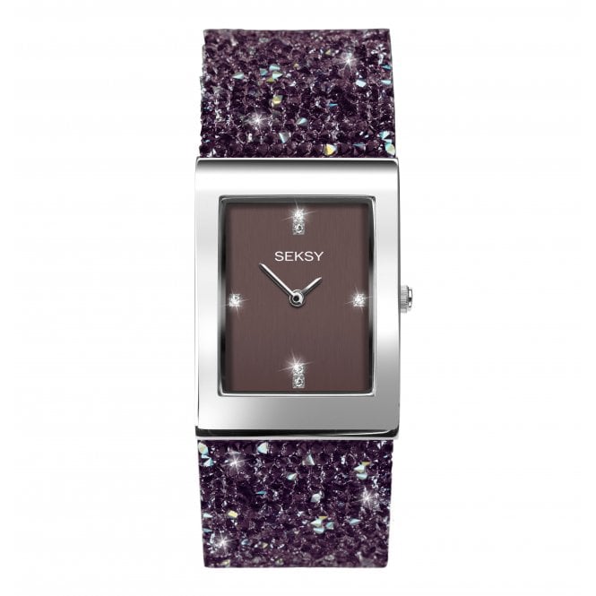 Seksy Ladies Rocks 2857 Rectangular Purple Dial Stainless Steel Bezel Purple Swarovski Crystals Bracelet Watch