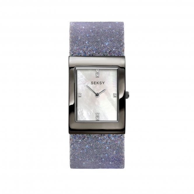 Seksy Ladies Rocks 2859 Rectangular White Dial Gun Metal Grey Bezel Lilac Swarovski Crystals Bracelet Watch