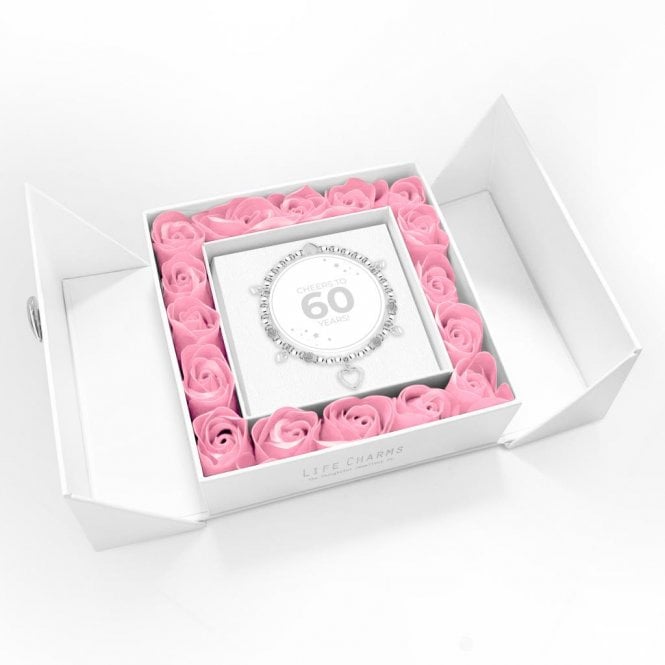 Life Charms Happy 60th Birthday Hearts Charm Bracelet in Pink Flower Box