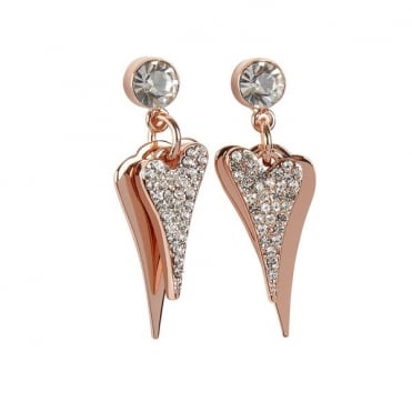 Miss Dee Rose Gold Plated Double Heart Crystal Drop Earrings