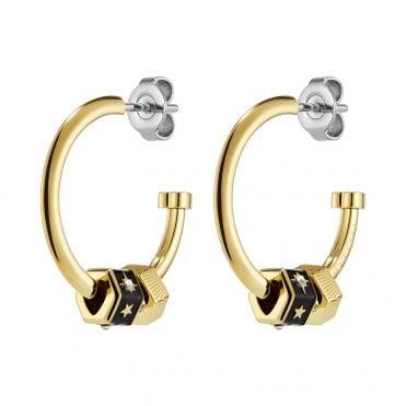 Ladies Bead Charms Gold Plated Black Stone Hoop Earrings 24100451