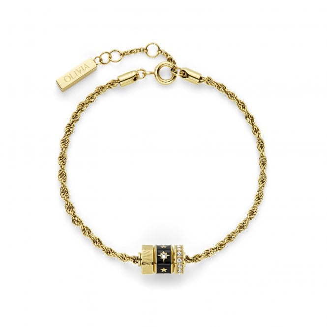 Olivia Burton Ladies Bead Charms Gold Plated Black Stone Set Charm Rope Bracelet 24100449