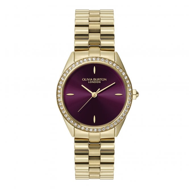 Olivia Burton Ladies BEJEWELLED Round Stone Set Bezel Cherry Dial Gold Plated Bracelet Watch 24000272