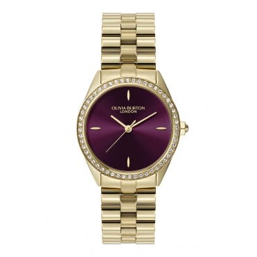 Ladies BEJEWELLED Round Stone Set Bezel Cherry Dial Gold Plated Bracelet Watch 24000272