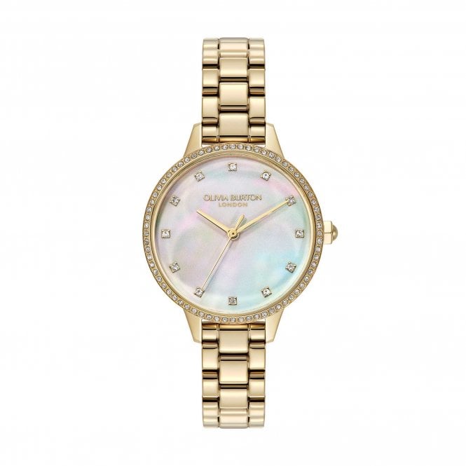 Olivia Burton Ladies Captivate Round Mother of Pearl Dial Stone Set Bezel Gold Plated Bracelet Watch 24000347