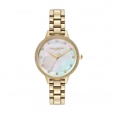 Ladies Captivate Round Mother of Pearl Dial Stone Set Bezel Gold Plated Bracelet Watch 24000347