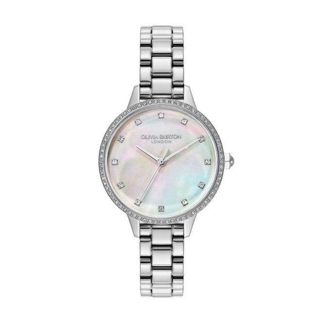 Olivia Burton Ladies Captivate Round Mother of Pearl Dial Stone Set Bezel Stainless Steel Bracelet