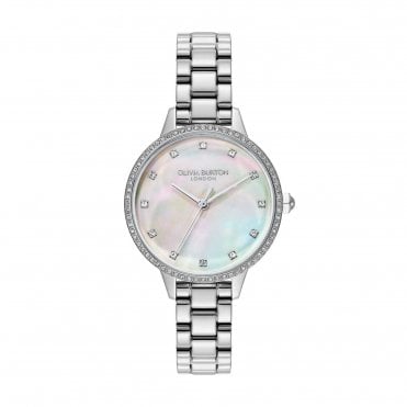 Ladies Captivate Round Mother of Pearl Dial Stone Set Bezel Stainless Steel Bracelet